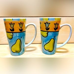 2 Vintage Emerald Collection Coffee Mugs 16oz Cups Hand Painted Tulips & Pears
